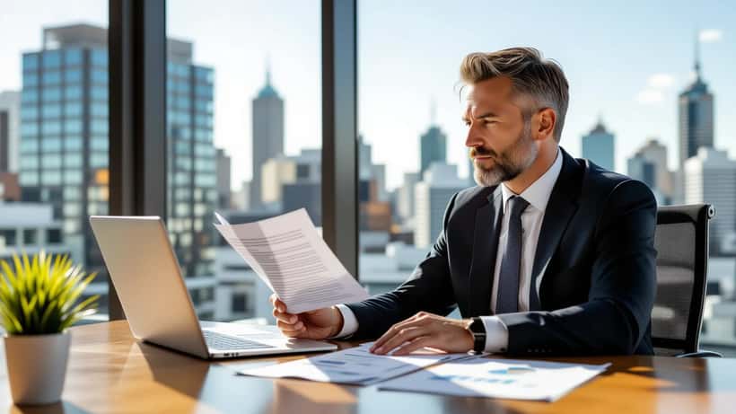 Australian professional reviewing financial documents and superannuation statements after unexpected contract termination, wealth planning concept