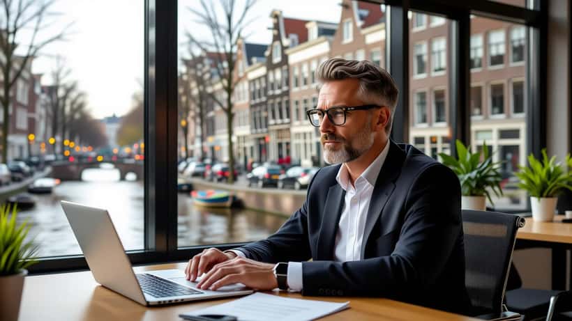 Nederlandse professional met Meta smart bril op kantoor in Amsterdam, privacy documenten op bureau