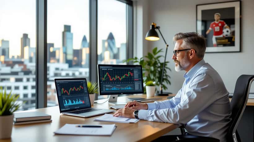 Former footballer reviewing investment portfolio with a financial adviser in a City of London office
