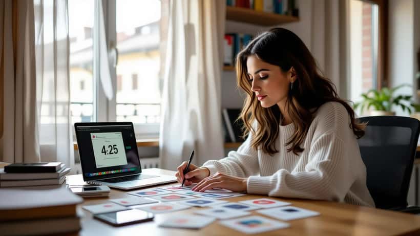 Donna italiana studia con flashcard a cronometro per prepararsi a un quiz televisivo