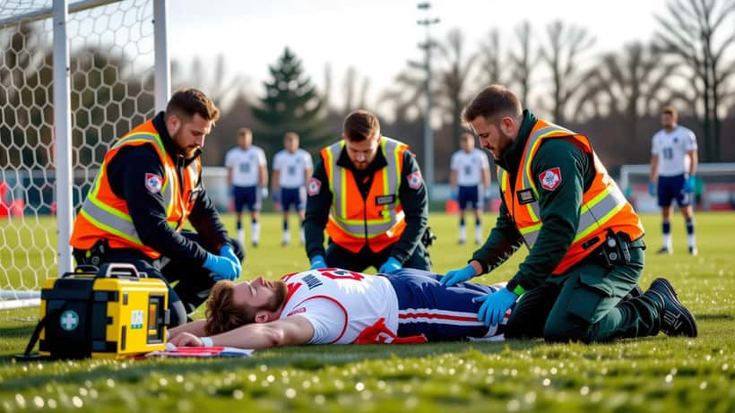 Ambulanspersonal med hjärtstartare bredvid kollapsad fotbollsspelare på gräsplan