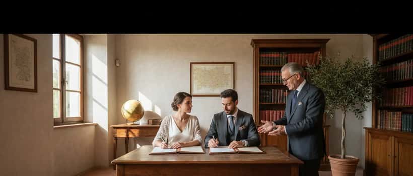 Coppia in abiti eleganti firma documenti ufficiali in uno studio notarile italiano