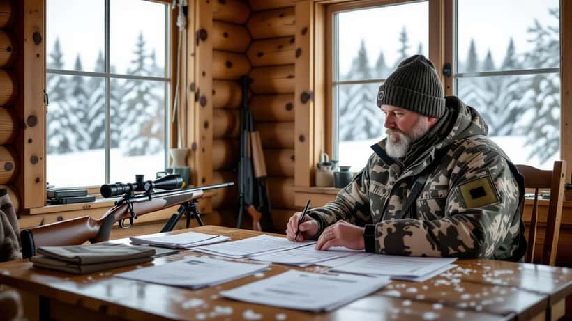 Metsästäjä tutkii oikeudellisia asiakirjoja talvisessa suomalaisessa ympäristössä