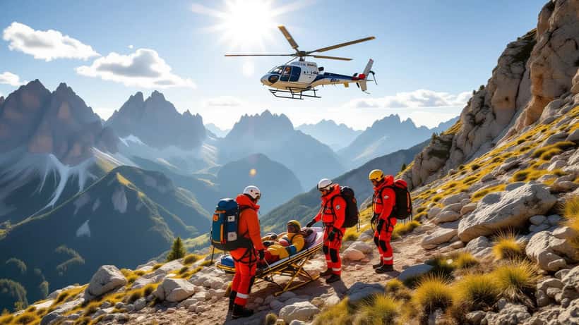Squadra di soccorso alpino in giacche arancioni che assiste un escursionista caduto sulle Dolomiti, con elicottero sullo sfondo
