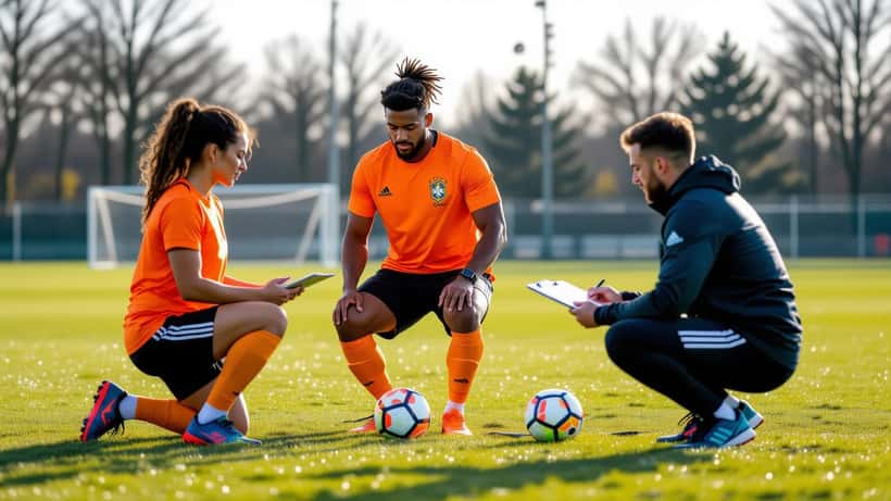 PSV-aanvoerder in oranje trainingspak doet revalidatieoefeningen op het trainingsveld met fysiotherapeut erbij