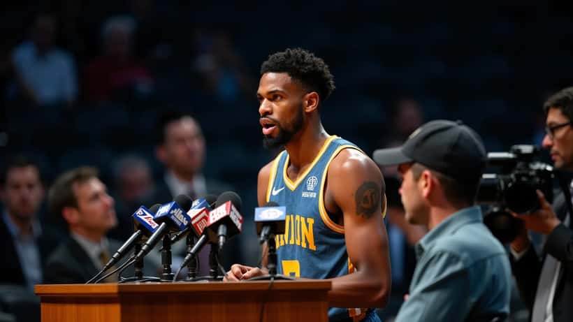 NBA basketball player speaking at a post-game press conference with microphones