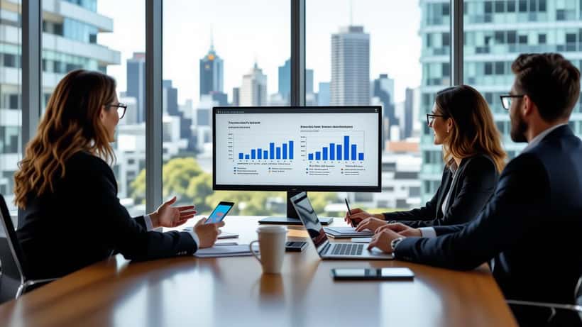 IT manager presenting AI-enhanced slides to colleagues in Sydney office