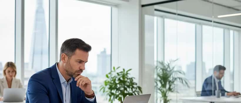 UK business professional reviewing data security and privacy documents on laptop in modern office