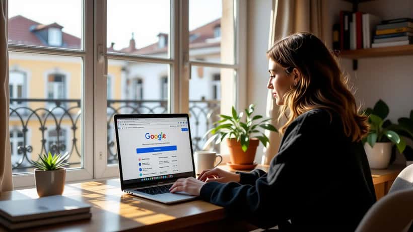 Mulher portuguesa a verificar as definições de privacidade da conta Google num portátil em Lisboa