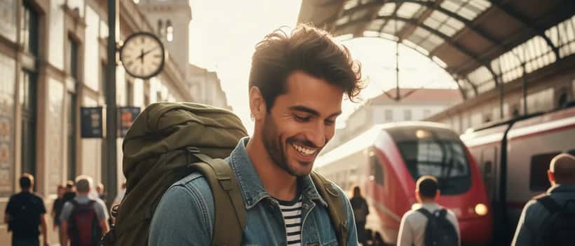 Jovem viajante português com mochila verificando telemóvel na estação de comboios