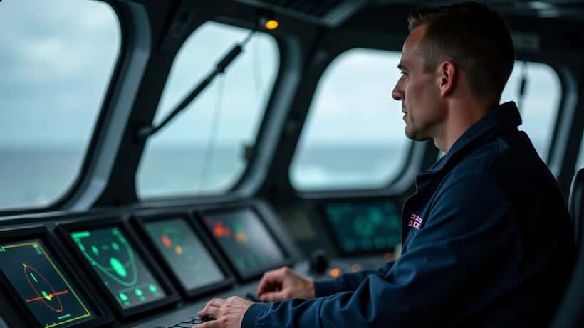 Naval tekniker ved et militært kontrollpanel om bord på et moderne krigsskip