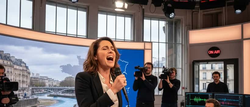 Femme française chantant avec passion dans un studio de télévision à Paris