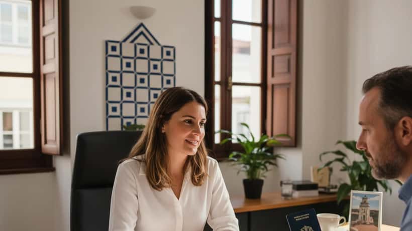 Advogada portuguesa de imigração a rever documentos AIMA com cliente em Lisboa