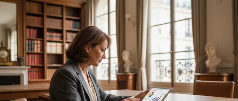 Conseillère en gestion de patrimoine examinant des projections économiques dans un bureau parisien
