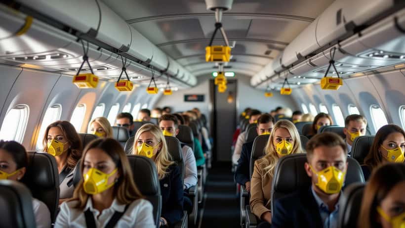 Deployed yellow oxygen masks hanging above passengers in an airplane cabin during an emergency