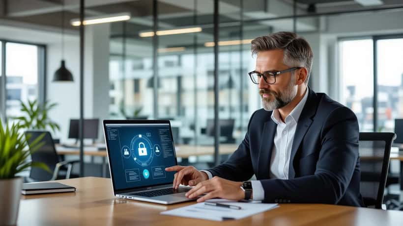 IT-Berater zeigt einem Unternehmer sichere Messaging-Tools auf einem Laptop in einem modernen Wiener Büro