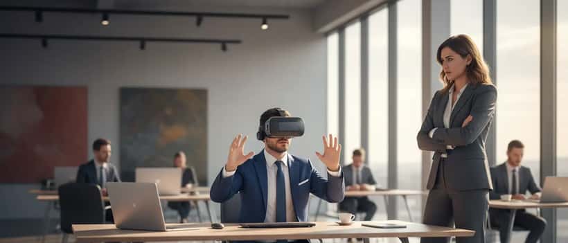 Professionista italiano in ufficio con visore VR, collega preoccupato in secondo piano