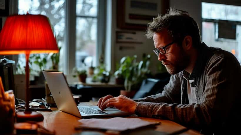 Business owner staring at laptop showing no internet connection error during Xfinity outage