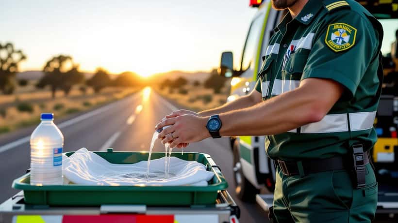 Paramedic cooling a patient's burned forearm under running water beside an ambulance on a rural roadside