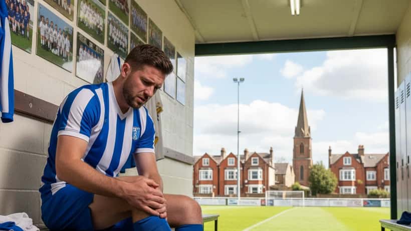British man in football kit holding his ankle on a bench in a London changing room, concerned expression