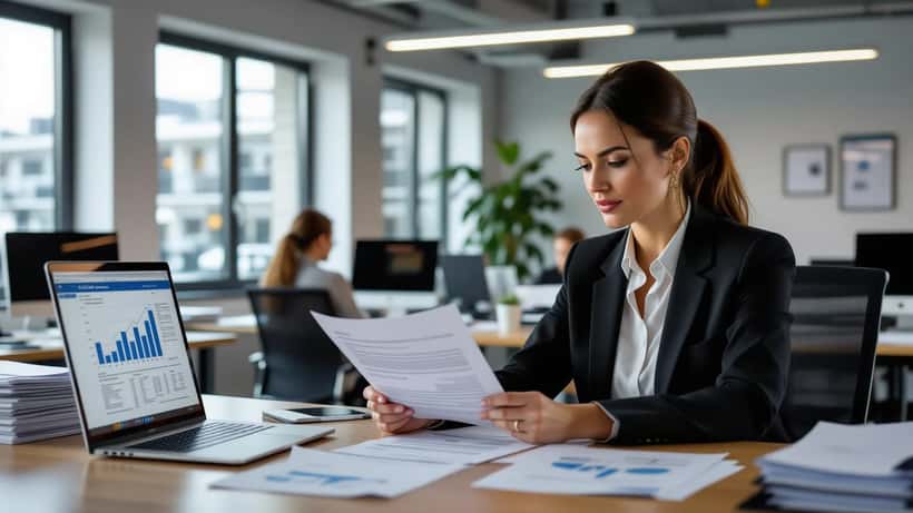 Professional woman reviewing equal pay documents and employment contracts in a London office