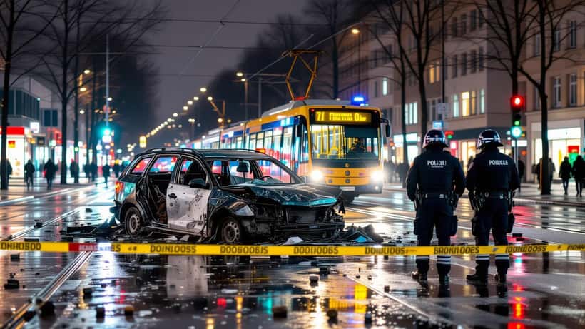 Ausgebranntes Auto auf Berliner Straßenbahnschienen, Polizei und Feuerwehr im Einsatz bei Nacht