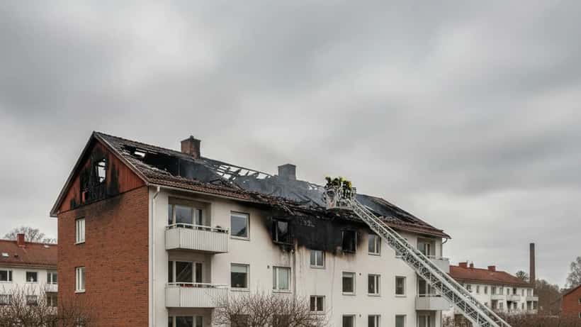 Flerfamiljshus i Gustavsberg med brandskador och rök, räddningstjänst på plats