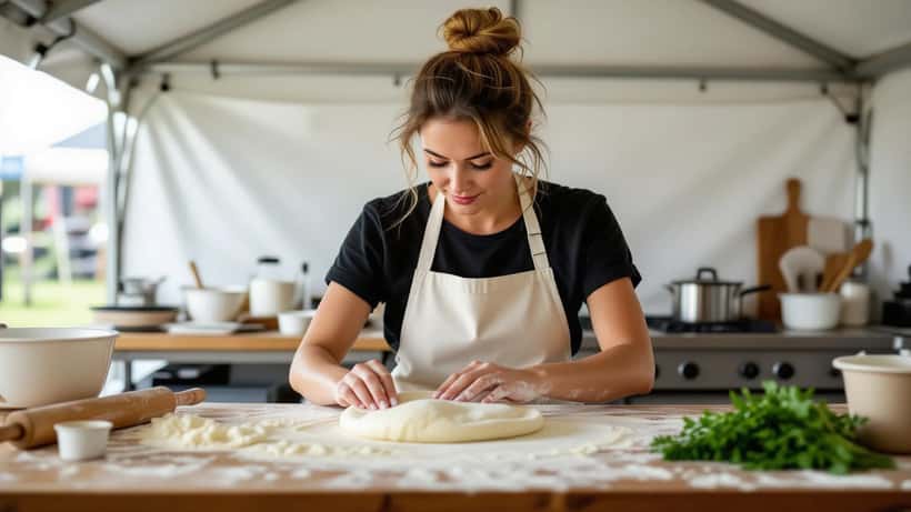 Home baker in a competition tent folding laminated pastry dough on a flour-dusted bench