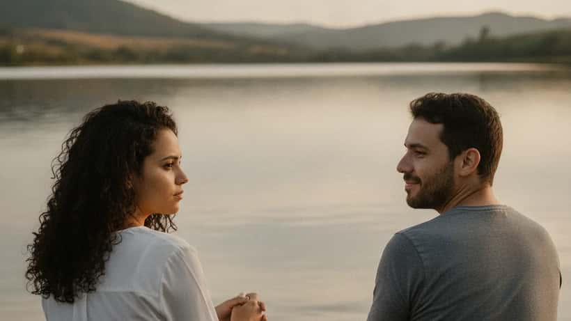 Casal à beira de lago ao entardecer, representando amor não resolvido e segunda chance