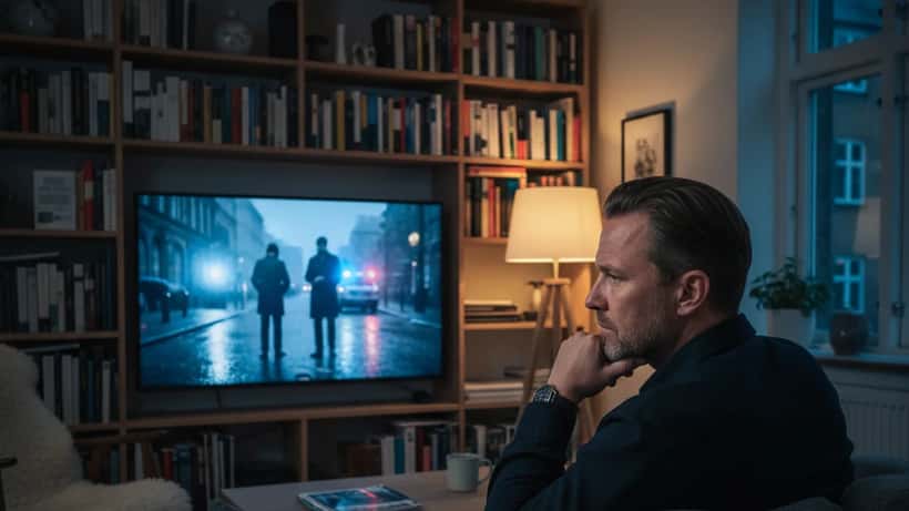Dansk mand i 30'erne sidder i mørkt København lejlighed og ser nordisk krimiserie på tv med tankefuldt udtryk