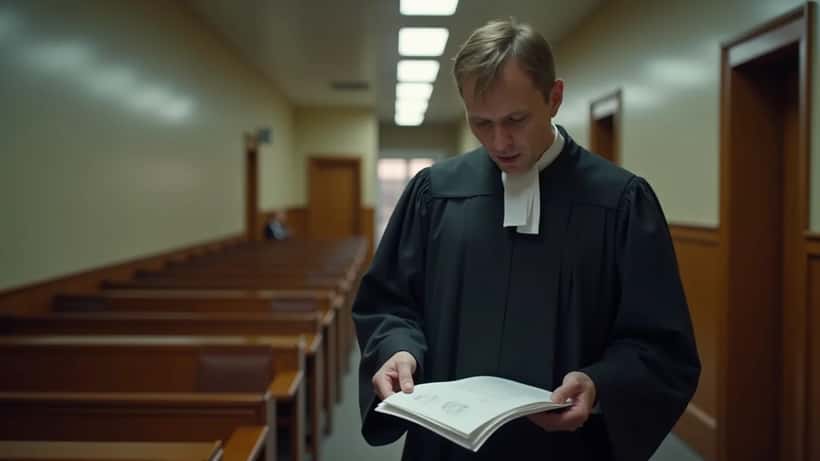 Suomalainen asianajaja käy läpi oikeusasiakirjoja Helsingin käräjäoikeudessa