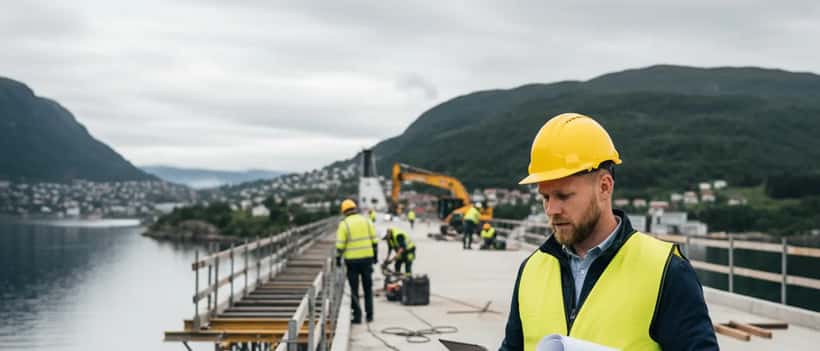Norsk byggmester gjennomgår kontrakt på brukonstruksjonsplass nær Bergen