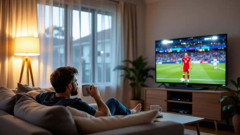 Exhausted Australian football fan watching World Cup 2026 match on TV at dawn from his suburban Sydney living room