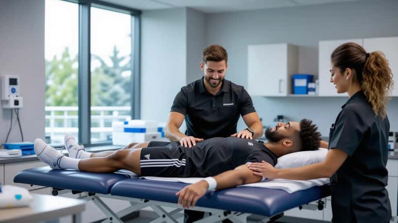 Fisioterapista sportivo che tratta l'anca di un calciatore su lettino clinico, simbolo del recupero record di Promise David per i Mondiali 2026