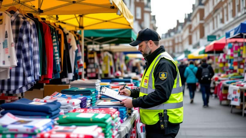 Trading Standards enforcement officer examining branded merchandise at a London outdoor market stall