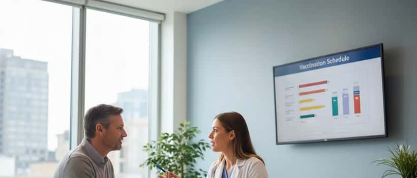 American doctor consulting with adult patient about vaccination schedule in a modern medical office