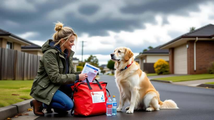 Australian woman packing emergency kit beside her golden labrador as storm clouds gather