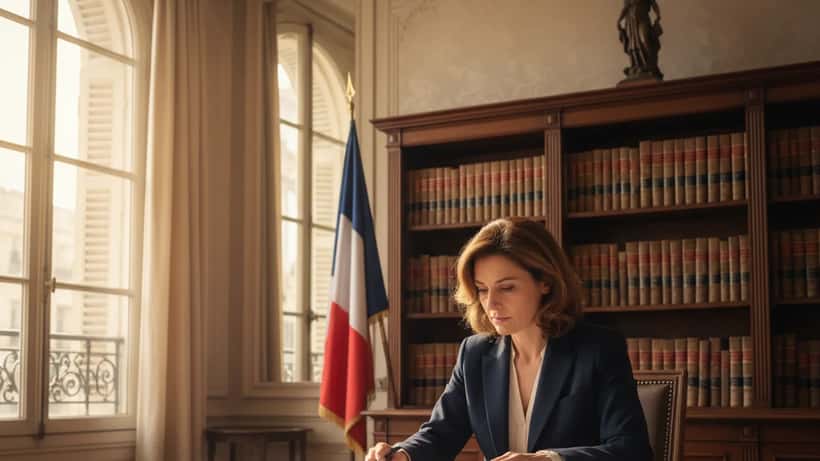 Avocate française consultant des documents juridiques dans un bureau parisien