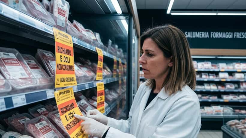 Ispettore alimentare esamina carne richiamata in un supermercato italiano