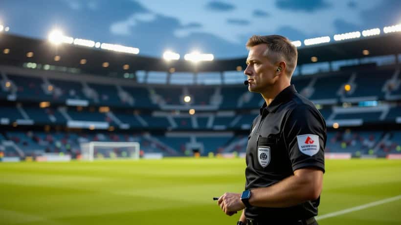 Un arbitre de football seul sur le terrain vérifie sa montre sous les projecteurs d'un stade