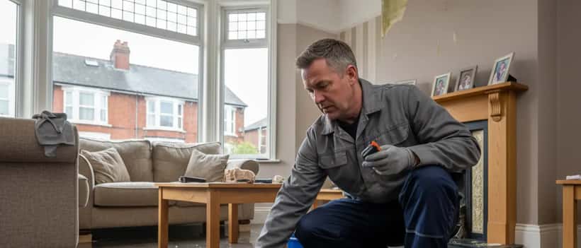 UK tradesperson inspecting flood damage in a British home, checking skirting boards and wall damp after flooding