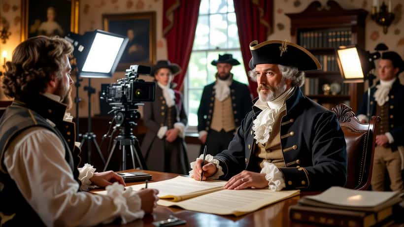 Comedic historical reenactment scene with period costume and modern film crew