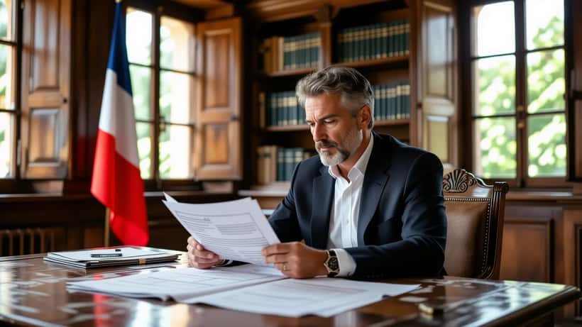 Avocat en mairie de village étudiant un plan cadastral et des permis de construire, région des Corbières, Aude