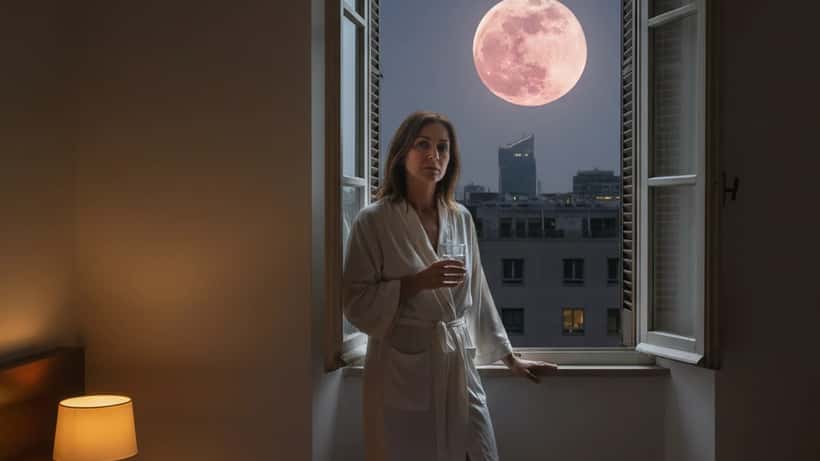 Una donna italiana guarda la luna piena di notte dalla finestra della sua camera da letto a Milano