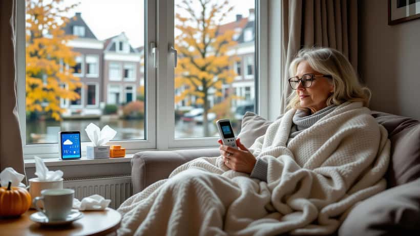 Nederlandse vrouw op de bank met thermometer en tissues, kijkt naar weersapp op haar telefoon, herfstregen zichtbaar door raam