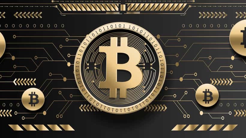 Pièce dorée Bitcoin sur fond sombre, symbole des cryptomonnaies et ETF en Suisse 2026