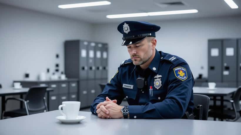 Utslitt politimann sitter alene i pauserom etter krevende vakt, uniformen delvis avkledd, tydelige tegn på psykisk belastning