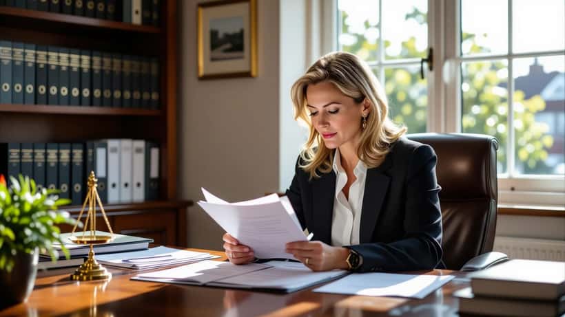 Female British solicitor reviewing legal case files at a wooden desk in a Suffolk law office