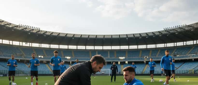 Fisioterapista sportivo esamina la coscia di un calciatore durante l'allenamento della Nazionale italiana
