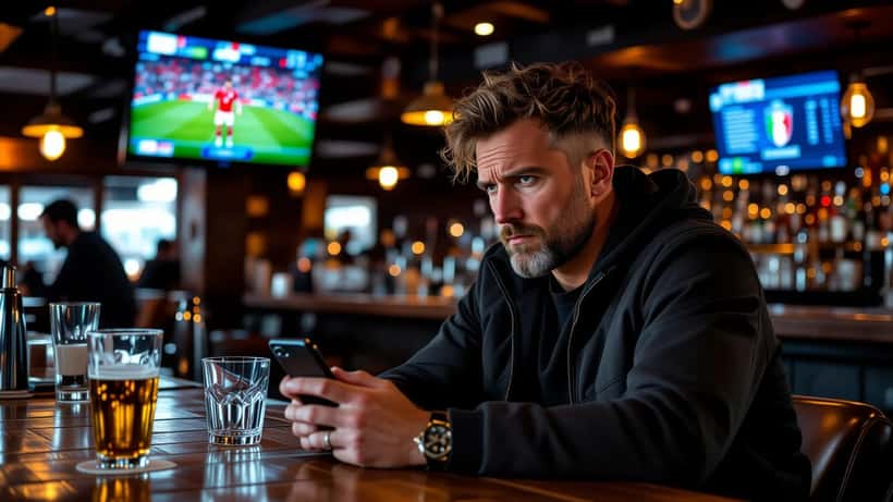 Canadian sports bettor checking betting app on phone in a Toronto bar while France vs Italy Nations League match plays on screen
